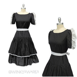Vintage 70s Black and White Polka Dot Fit & Flare Midi Dress Size S Puff Sleeve